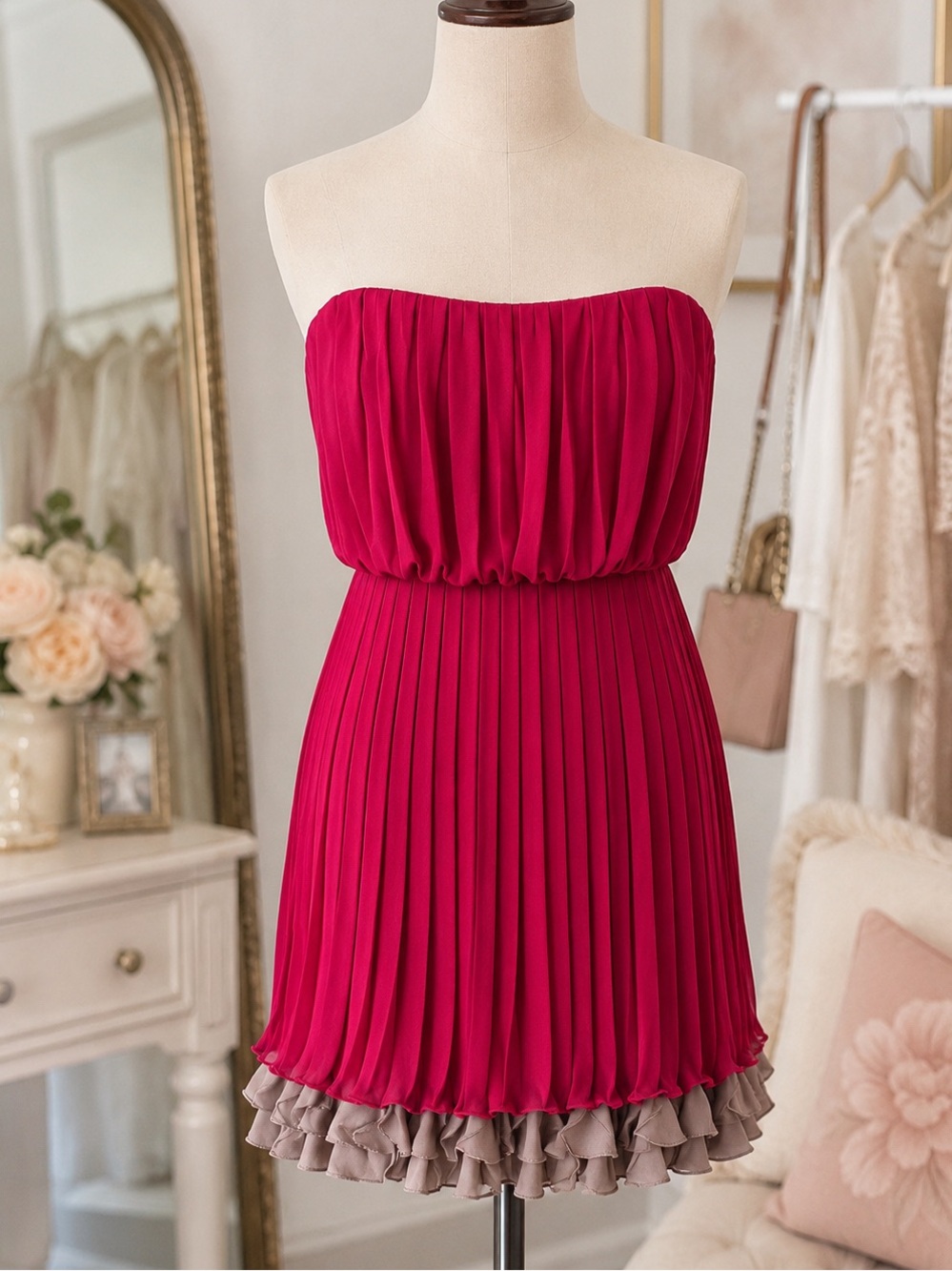 Jessica Simpson Size 12 Fuchsia Strapless Pleated Ruffle Mini Cocktail Dress